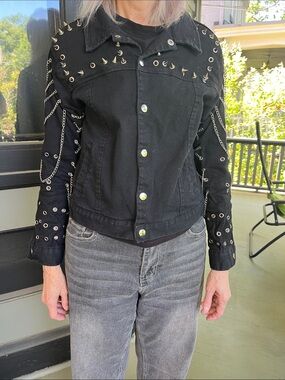Black Denim Jacket with Studs, Grommets, and Chains size xs